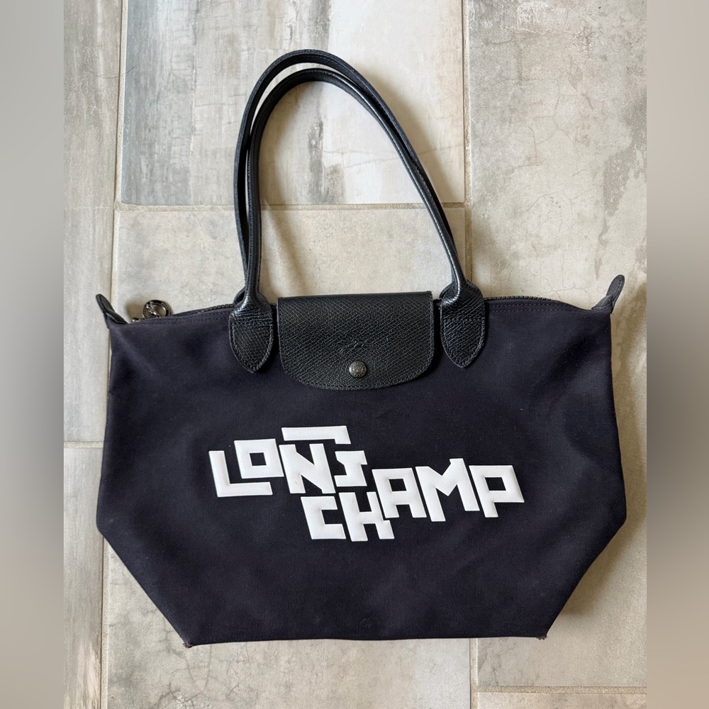 LONGCHAMP Le Pliage LGP Stamp Horse Logo Hand Tote Bag Women Black Rare